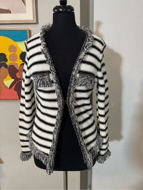Cache Black & White Fringed Striped Open Cardi